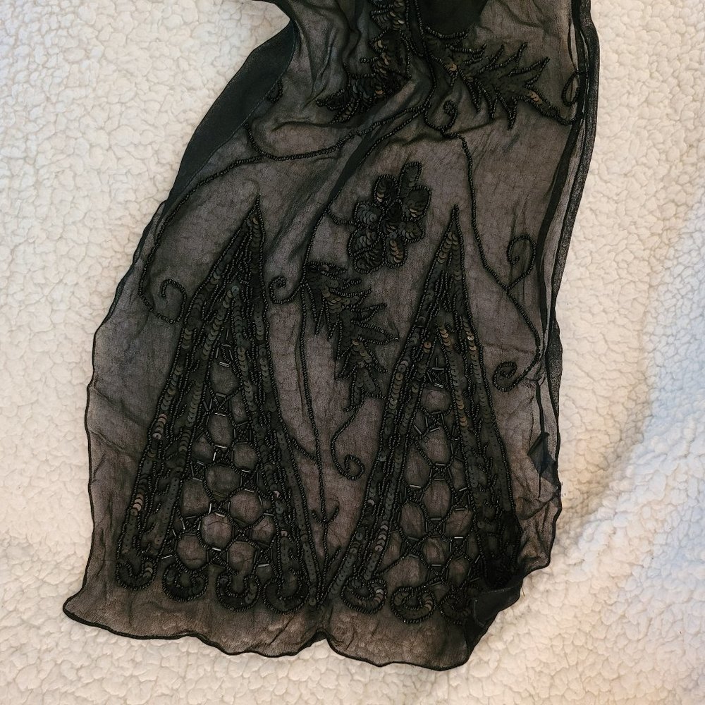 DKNY Heavily Beaded Sheer Black Scarf Wrap